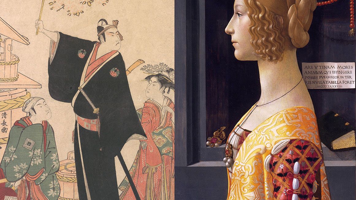 FashionCrimes_Postrel_Culture | Left Image: Image: Ichikawa Yaozo III in the Role of Sukeroku From the Play “Yukari no Edo-sakura” by Torii Kiyonaga; Public domain, Right Image: Portrait of Giovanna degli Albizzi Tornabuoni by REASON 65 Domenico Ghirlandaio; Public domain