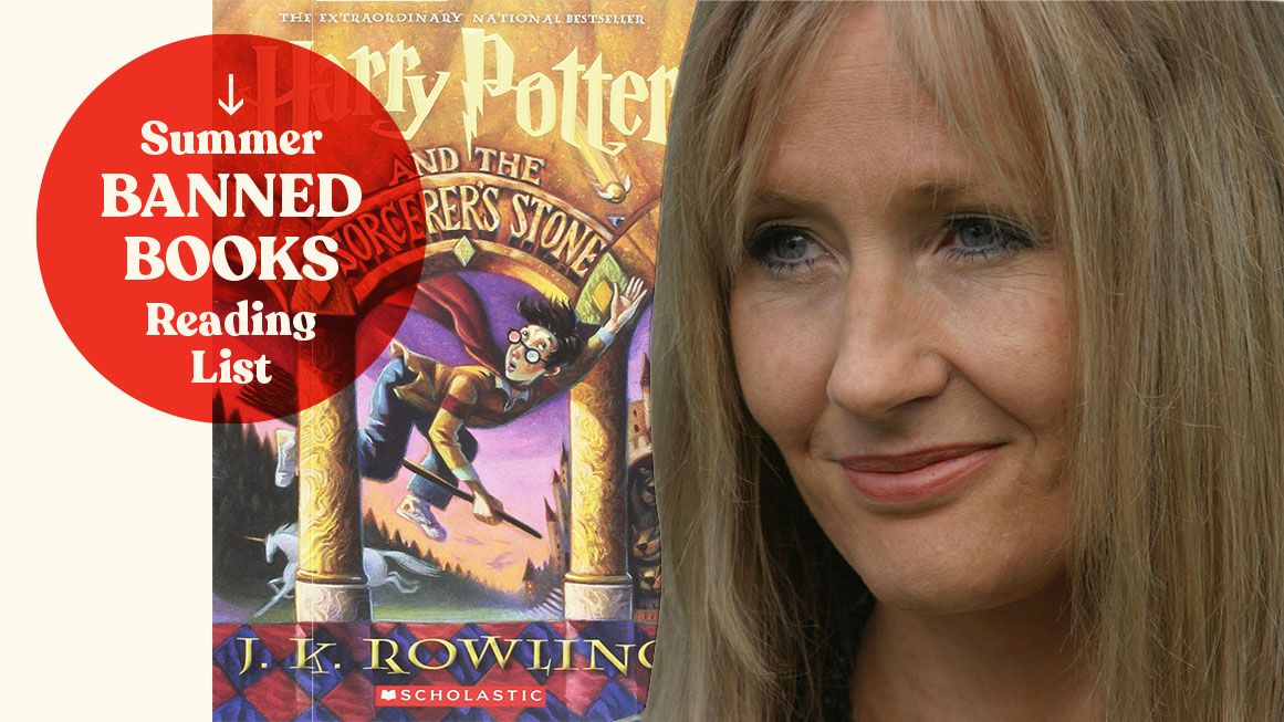 J.K Rowling Harry Potter and the Sorcerer's Stone banned book | Photo, top: Harry Potter and the Sorcerer’s Stone; Scholastic; Photo: J.K. Rowling; jeremy sutton-hibbert/Alamy