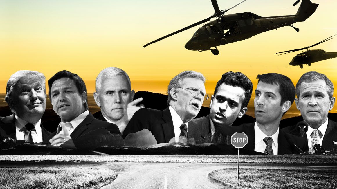 feature-fp-bonnie | Illustrations: Joanna Andreasson; Source images: ninjaMonkeyStudio/iStock. Rasica/iStock. Donald Trump; Gage Skidmore. Ron DeSantis; Gage Skidmore. Mike Pence; Gage Skidmore. John Bolton; Gage Skidmore. Tom Cotton; Gage Skidmore. Vivek Ramaswamy; Sedgedorrit/Wikimedia. George W. Bush; U.S. National Archives.