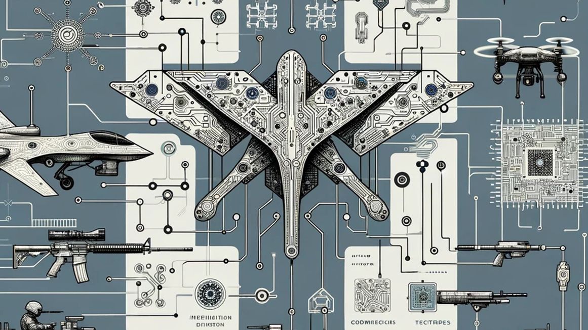 An AI-generated image using the prompt, “Create an illustration showing artificial intelligence’s influence on the military and weapons in the style of a technical drawing." | Illustration: Joanna Andreasson/DALL-E4