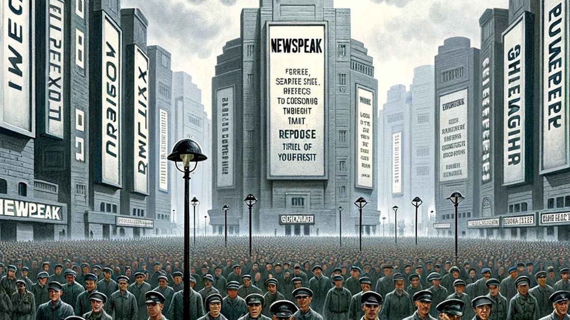 An AI-generated image using the prompt, “Illustration depicting the role of Newspeak in controlling the people of Oceania in George Orwell’s 1984." | Illustration: Joanna Andreasson/DALL-E4