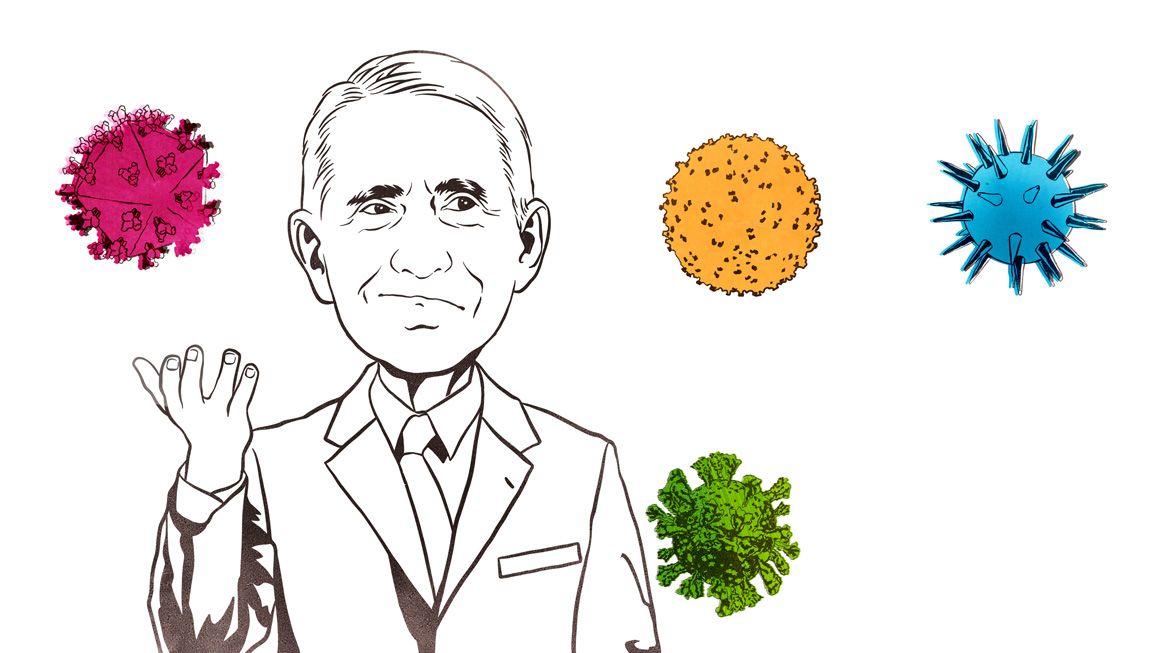 An illustration of Anthony Fauci and some viruses | Illustration: Joanna Andreasson