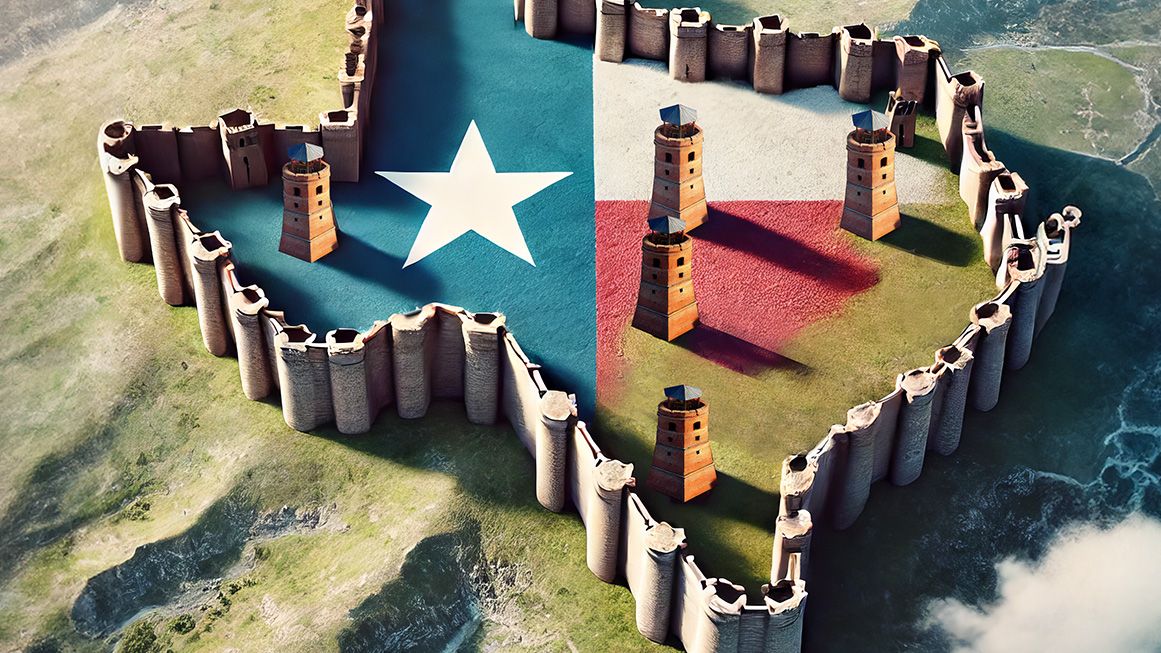 An illustration of Texas surrounded by a border wall | Illustration: Joanna Andreasson/ChatGPT-4