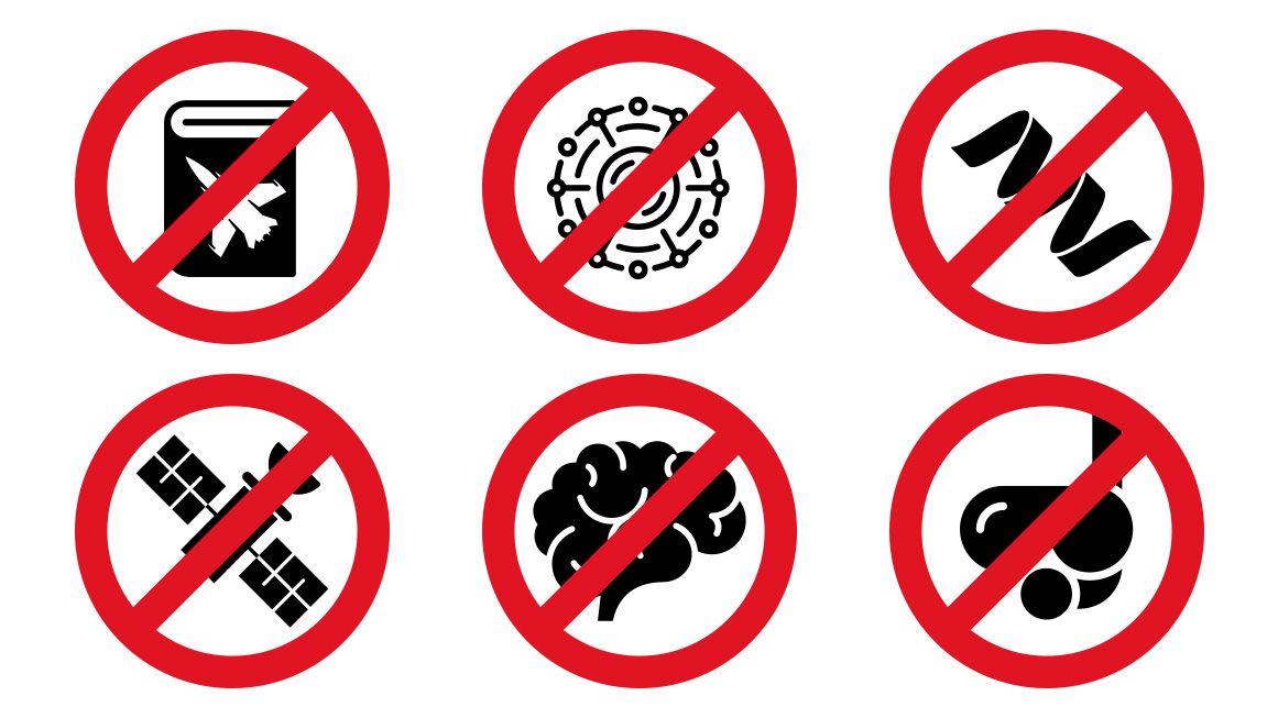 An illustration of logos prohibiting books, brains, and information, in the style of "no smoking" signs | Illustrations: Joanna Andreasson; Source images: iStock