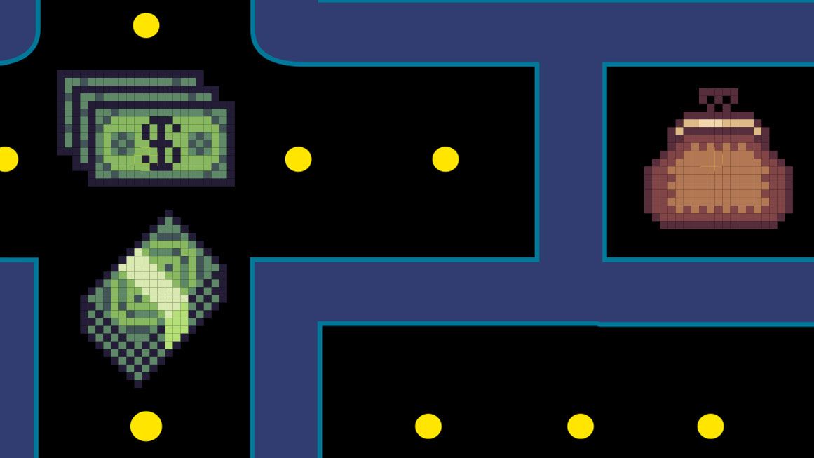 An illustration of dollar bills in the style of Pacman | Illustrations: iStock