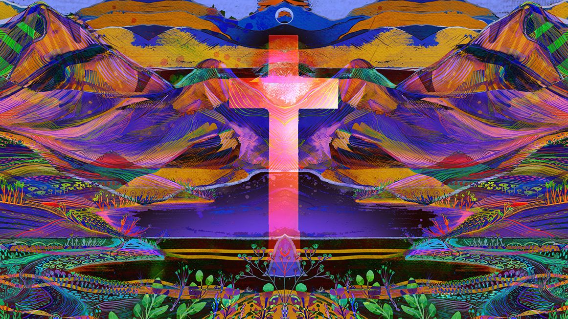 An illustration of the Christian cross with psychedelic imagery | Illustration: Joanna Andreasson Source images: iStock