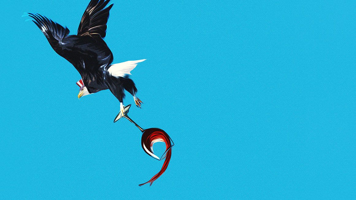 A bald eagle in flight, spilling a glass of wine | Illustration: Joanna Andreasson