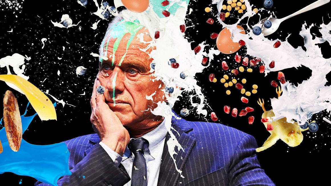 An illustration of Robert Kennedy Jr. being sprayed with fruit | Illustration: Joanna Andreasson; Source image: Gage Skidmore
