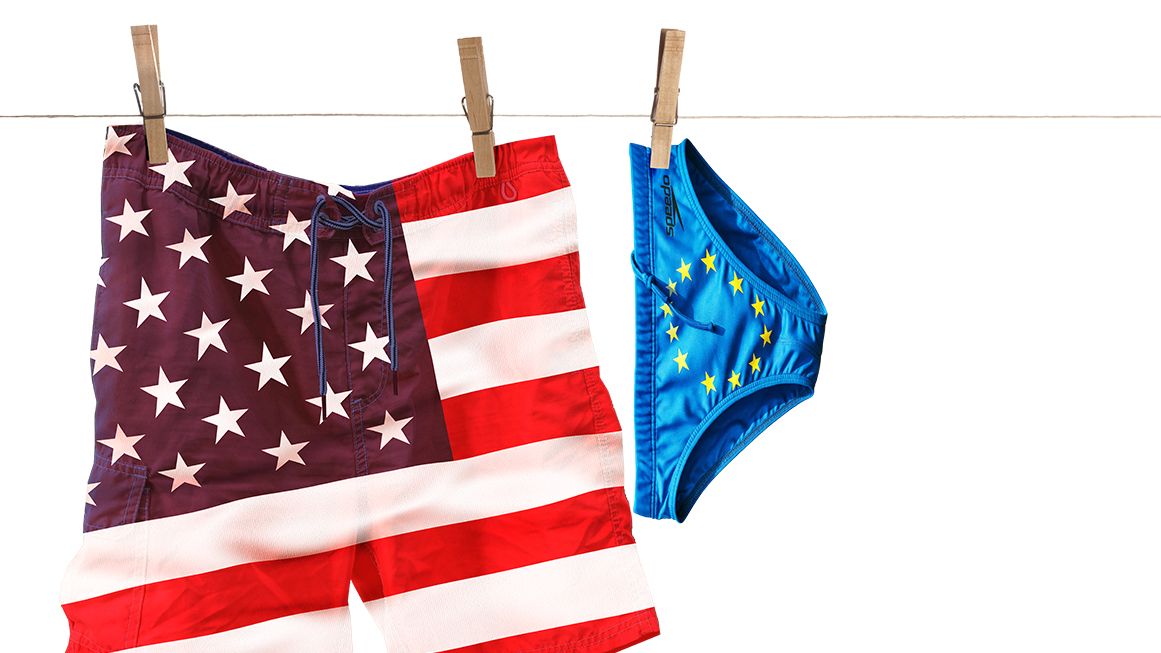 A pair of American flag swimming trunks pinned to a clothesline next to a pair of small European Union flag briefs A pair of American flag swimming trunks pinned to a clothesline next to a pair of small European Union flag briefs | Illustration: Joanna Andreasson; Source images: iStock