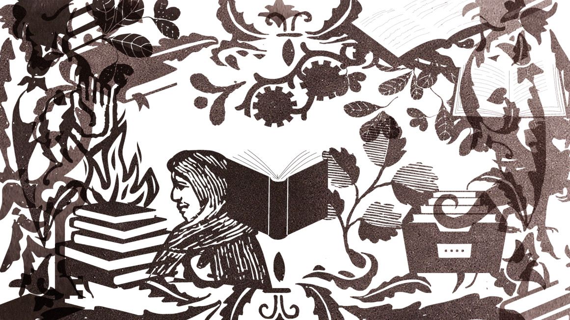 An illustration of books in the style of an old print | Illustration: Joanna Andreasson; Source images: iStock