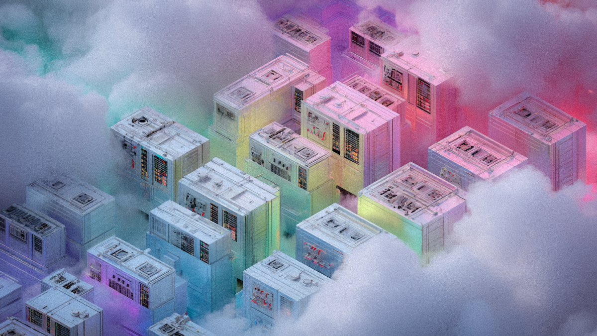 An illustration of data center servers in a dream-like environment with clouds and colorful tints | Illustration: Midjourney