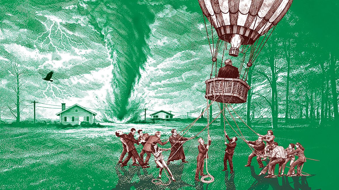 An illustration of Trump in a hot air balloon and people on the ground trying to hold him down | Illustration: Joanna Andreasson; Source images: iStock