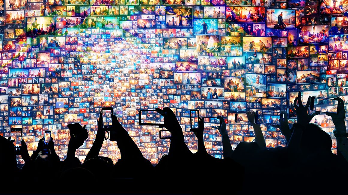 People pointing camera phones at a wall of screens | Illustration: Joanna Andreasson; Source images: iStock