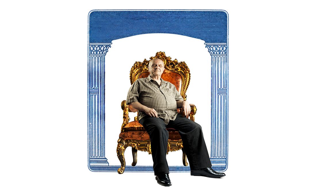 An illustration of an old man sitting on a throne in the style of a Social Security card | Illustration: Joanna Andreasson; Source images: iStock