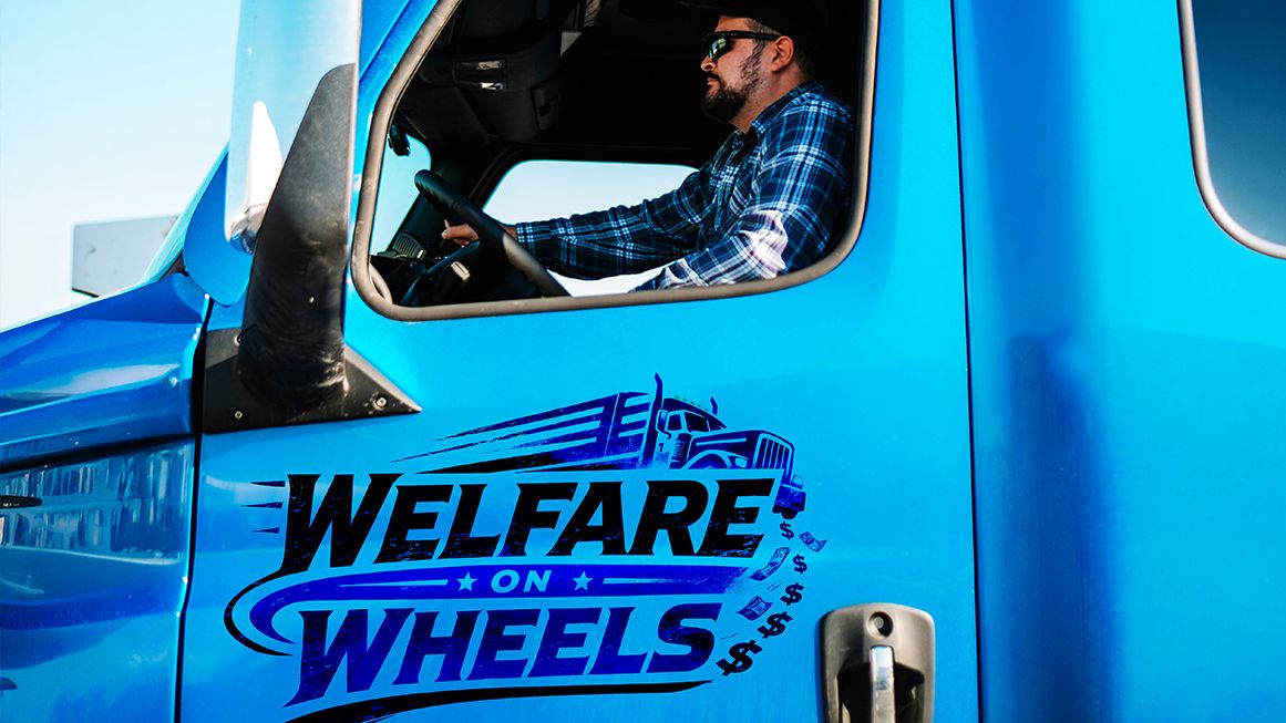 A trucker seated in the cab of a truck that says 'Welfare on Wheels' on the door | Illustration: Joanna Andreasson; Source image: Wesley Tingey/Unsplash