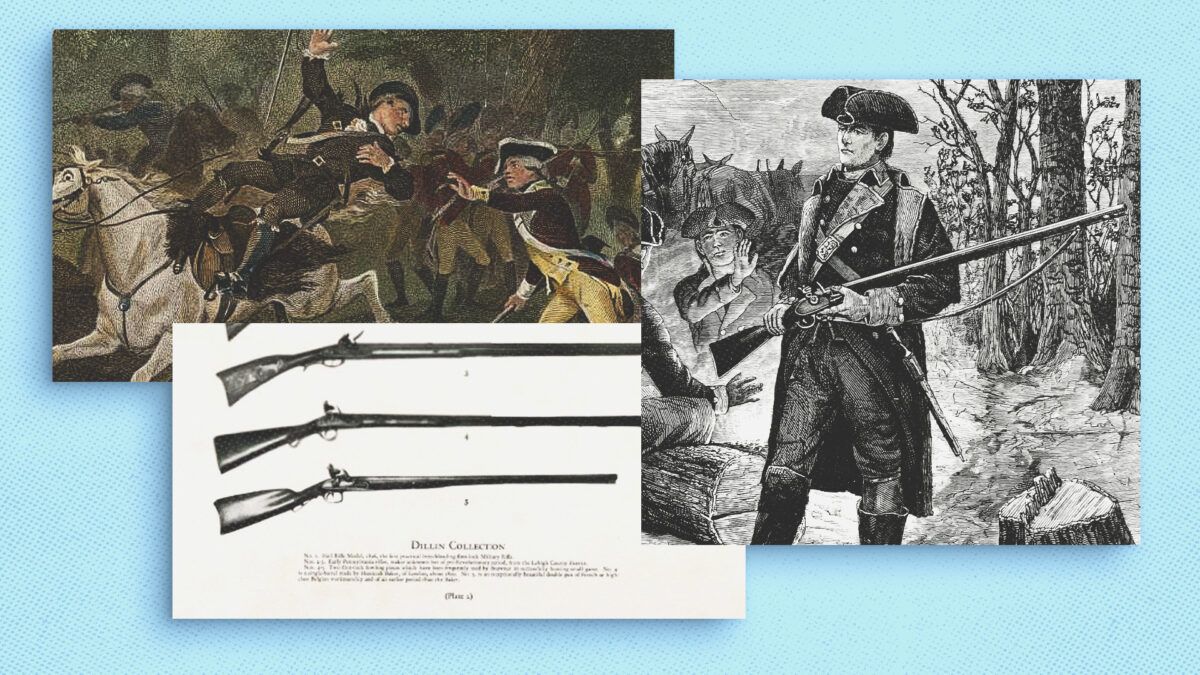 A collage of images related to the American Revolution depicting the use of long rifles | Album / Prisma/Newscom/Library of Congress/