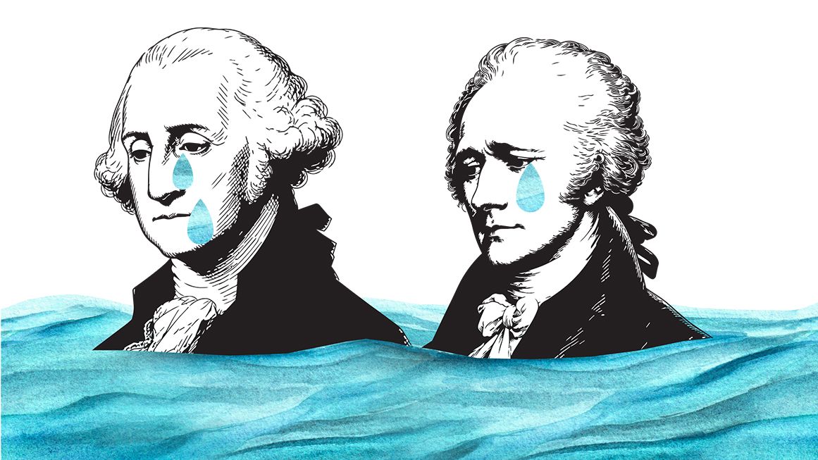 George Washington and Alexander Hamilton with tears on their faces | Illustration: Joanna Andreasson; Source images: iStock, Wikimedia