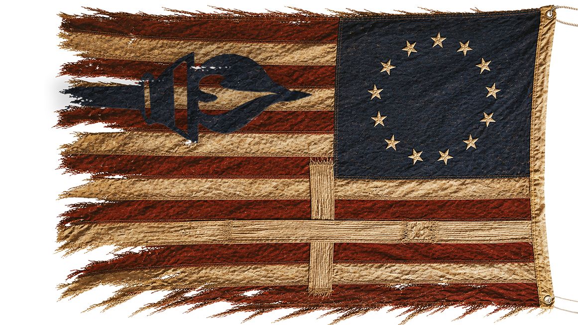An illustration of an early American flag with a torch and a cross | Illustration: Joanna Andreason; Source images: iStock