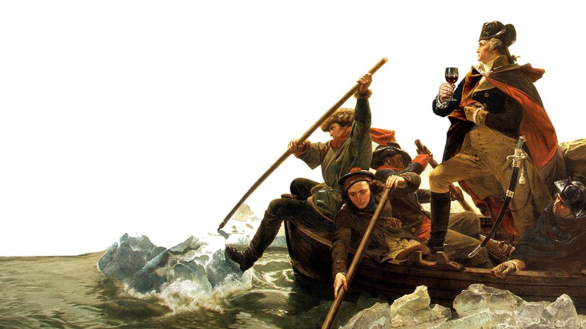George Washington crossing the Delaware holding a wine glass | Illustration: Joanna Andreasson; Source image: Washington Crossing the Delaware; Emanuel Leutze/Wikimedia