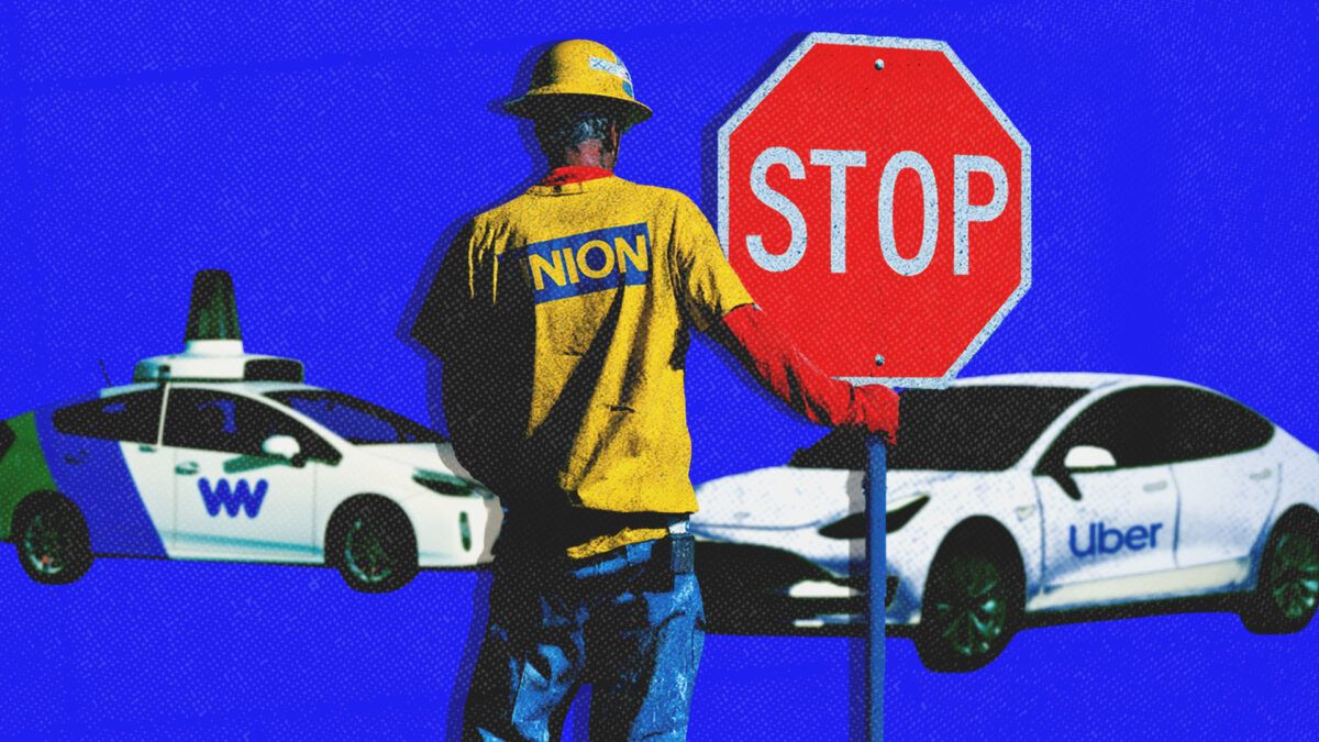 An illustration of a union worker holding a stop sign in front of two driverless cars | Illustration: Midjourney