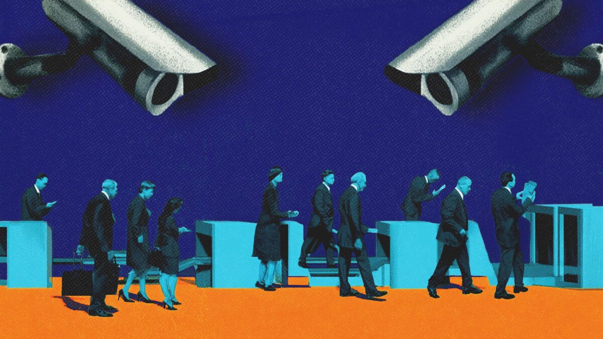 An illustration of people walking through airport security with surveillance cameras above them | Illustration: Midjourney