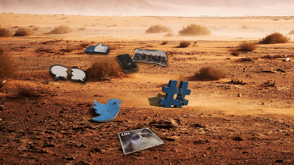 A dessert landscape with social media logos laying in the sand | Illustration: Joanna Andreasson; Source images: Unsplash, iStock