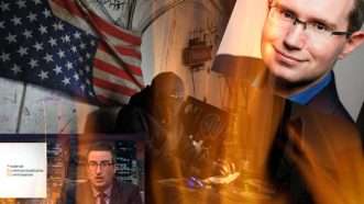 Large image on homepages | hacker image: J.B Nicholas / Splash News/Newscom; Bray headshot from FCC; screenshot from Last Week Tonight