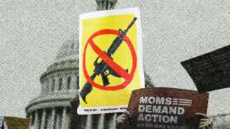 U.S. Capitol with anti-gun protest signs in foreground. | Illustration: Lex Villena; Tom Williams/CQ Roll Call/Newscom