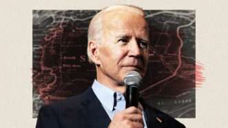 President Biden with a microphone in front of the map of Syria | Illustration: Lex Villena; Gage Skidmore, Steve Mann