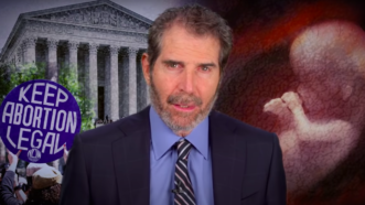 Speaking photo of John Stossel flanked by an abortion protest sign and an image of a fetus