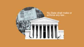 US Image of the United States Supreme Court and an Abortion Protest sign overlaid on an orange background with text