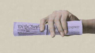 Drawing of a hand holding a purple scroll of the Declaration of Independence