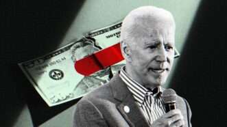 Candid image of Joe Biden overlaid over a spotlit graphic of money | Illustration: Lex Villena; Cottonbro, Gage Skidmore