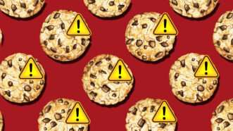 Cookies with caution signs against red background
