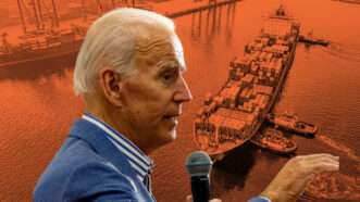 Joe Biden speaking into a microphone laid over a tinted-orange image of a cargo ship in port.