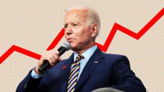 Candid photo Joe Biden speaking overlaid on a inflation graph | Illustration: Lex Villena; Gage Skidmore