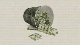 Tipped over cup of U.S. dollars on an off-white background | Photo 7509973 © 3desc | Dreamstime.com; Illustration by Lex Villena