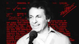 Picture of Mort Sahl speaking overlaid on black background with red text | Adam Scull/PHOTOlink/Newscom | Illustration: Lex Villena