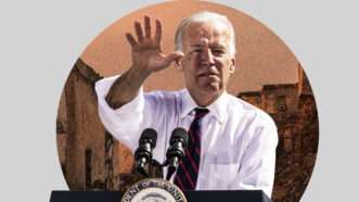 Biden giving a speech about yemen | Illustration: Lex Villena; Felton Davis, Joe Sohm | Dreamstime.com