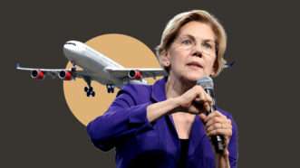 Elizabeth Warren with a plane in the background | Illustration: Lex Villena | Dreamstime.com