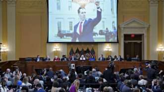 Josh Hawley during the Capitol Riot footage played at January 6 committee hearing | Al Drago - via CNP/Polaris/Newscom