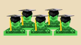 Silhouettes of students wearing caps. The students are made out of money. | Illustration: Lex Villena; Stephen Coburn | Dreamstime.com