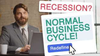Grammarly parody of politician at laptop correcting recession messaging