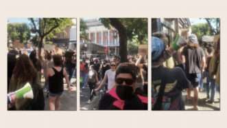 Screenshots from a cellphone video of protesters. | Illustration: Lex Villena; Jana Katsuyama 