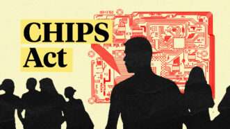 Silhouettes against a semiconductor chip and the words 'CHIPS Act' | Illustration: Lex Villena; Alexlinch, Pzaxe 