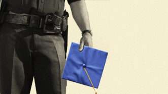 A law enforcement agent holds a graduation cap | Illustration: Lex Villena; Podius