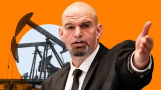 Penn. Lt. Gov. and Senate candidate John Fetterman in front of oil rigs. | Illustration: Lex Villena; The Office of Governor Tom Wolf, Xiaomin Wang 