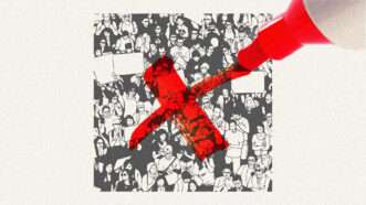 A red marker draws an X over a group of protesters | Illustration: Lex Villena; Richard Thomas, Robertzsombori