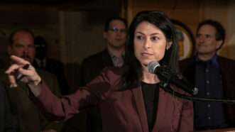 Michigan AG Dana Nessel at a press conference. She is wearing a brown jacket.