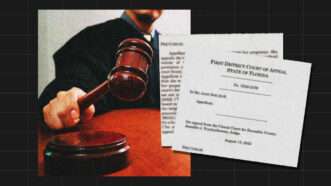 Image of a judge banging a gavel next to screenshots from a legal ruling